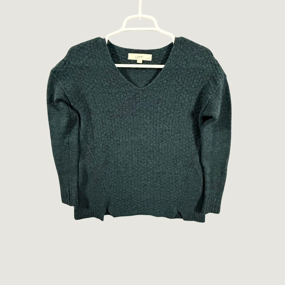 Ann Taylor LOFT Petites Wool Blend V-Neck Sweater Dark Teal Green SP 357048